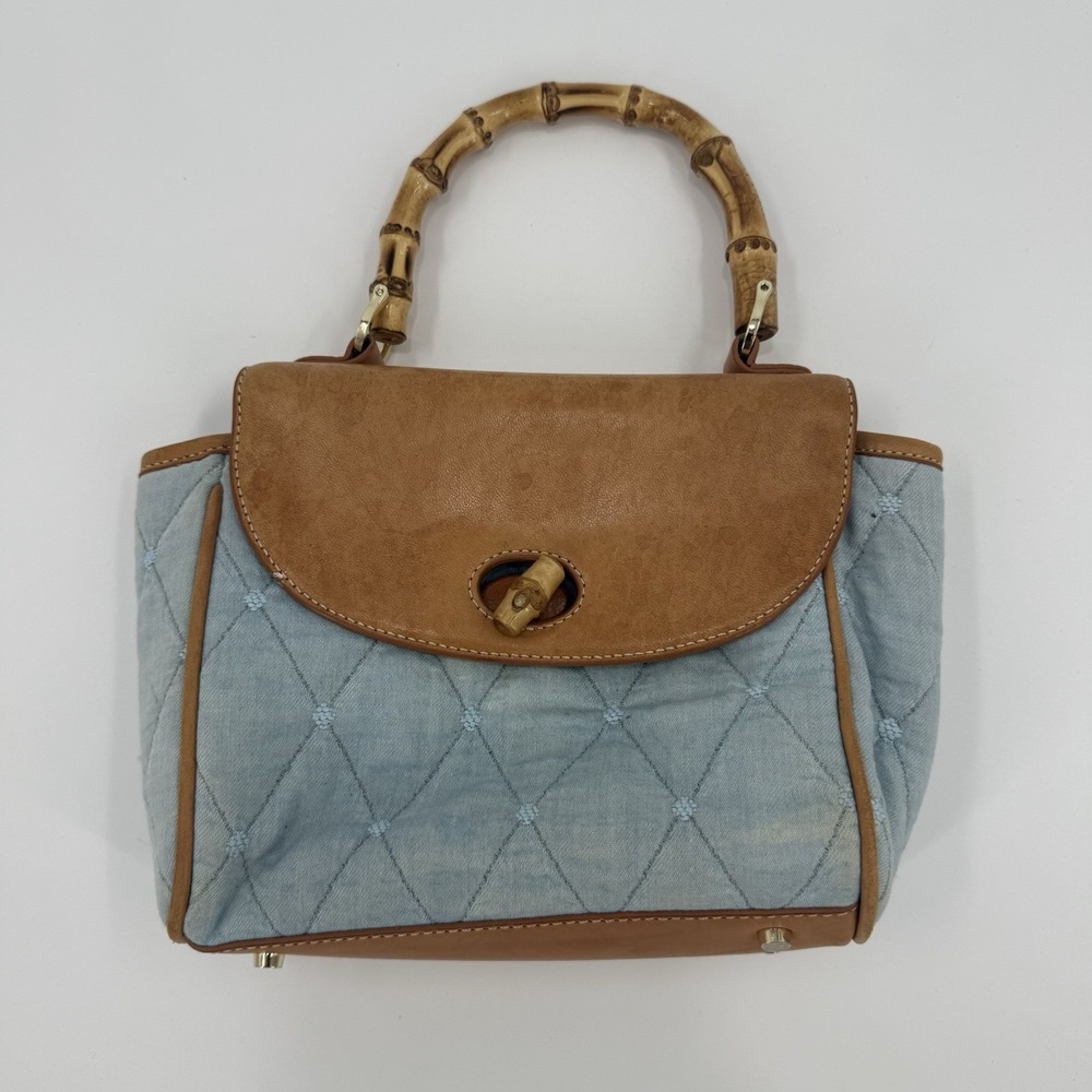 J. McLaughlin Handbag Blue Quilted Denim Bamboo Handle Tan Satchel Purse